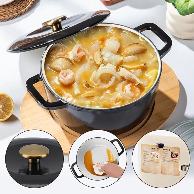 Enamel Cast Iron Dutch Oven with Lid,Dual Handles,Heavy-Duty Cookware for Sourdough Bread Baking,Braising,Stews,Roasting,Oven Safe up to 500° F,7QT,black