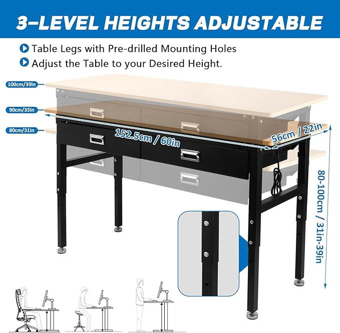 Workbenche with Drawers,60'' Workbench with Power Outlet for Garage,2700 Lbs Capacity Adjustable Workbench,Heavy Duty Table for Workshop Office Home Commercial