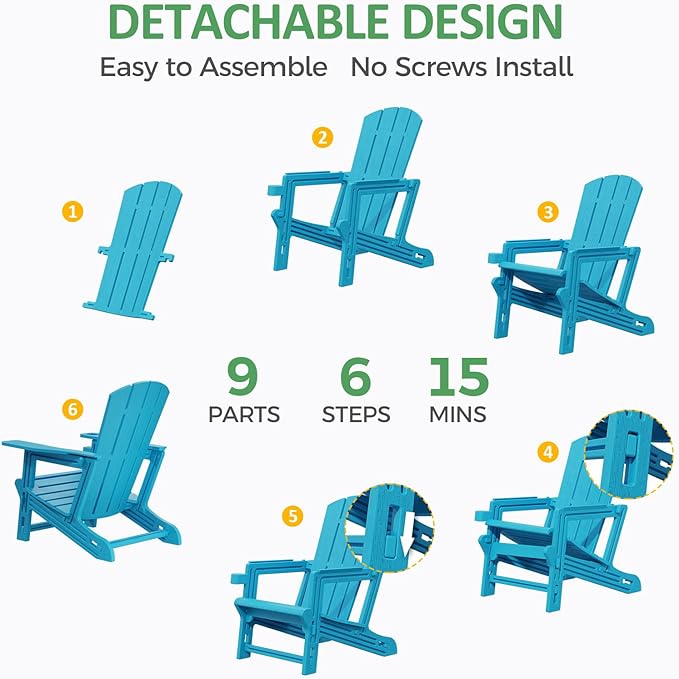 Adirondack Chairs Set of 6,Plastic Adirondack Chair with Cup Holders, All-Weather Outdoor Fire Pit Patio Chairs for Lawn,Backyard Deck, Porch,400LBS Heavy-Duty,Sky Blue