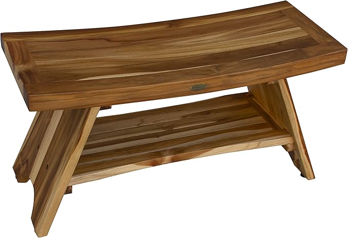 EcoDecors 35 Inch Serenity Teak Shower Bench – Waterproof Bathroom Seat with Large Storage Shelf For Adults & Seniors | Spa-Style Teak Wood Stool with Non-Slip Feet, Elegant Finish, 300 Pound Capacity