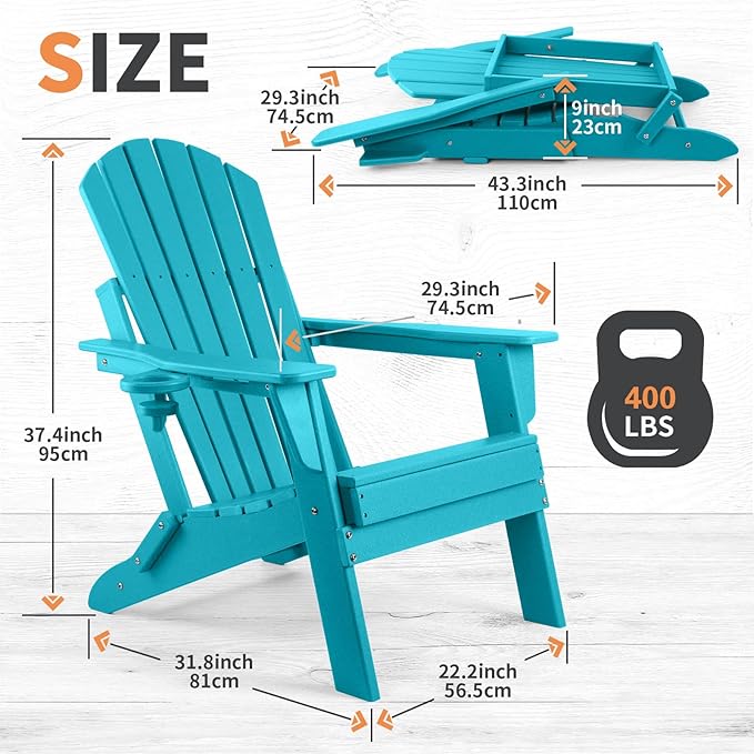 FUNBERRY Folding Adirondack Chair Set of 2, HDPE All Weather Fire Pit Chairs with Cup Holder for Outdoor