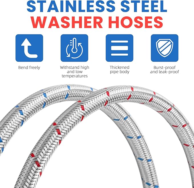 6FT Washer Stainless Steel Hoses with 90 Degree Elbows - Burst Proof 3/4" FHT Standard Thread Hot and Cold Water Connection Inlet Supply Lines by AMI PARTS