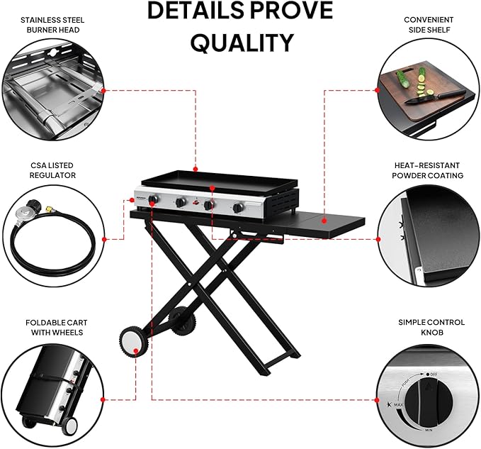 ROVSUN 40000 BTU Foldable Flat Top Gas Grill with Wheels & Enameled Tray, 4 Burner Portable Propane Griddle with Electronic Ignition & Regulator for Outdoor Cooking Camping BBQ Tailgating Picnicking