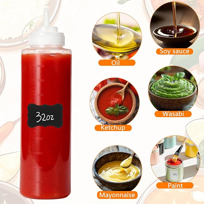 10 Pcs 32 oz Plastic Squeeze Bottles Clear Large Condiment Squeeze Bottles for Sauces Pancake Ketchup Syrup Squirt Condiment Dispenser with Caps Restaurant with 10 Stickers and 1 Pen