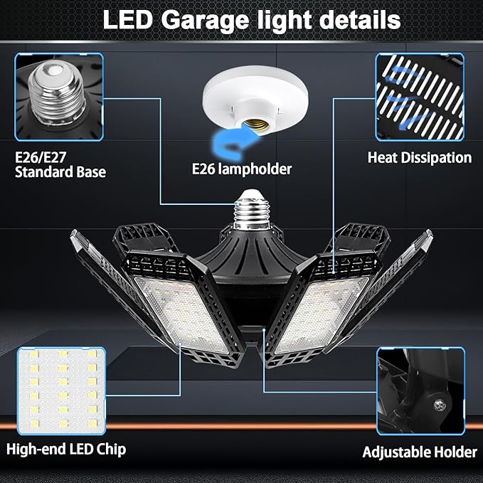 1 Pack LED Garage Light, 240W 24000LM 6500K LED Shop Lights, Garage Lights Ceiling Led with 7+1 Deformable Panels, E26/E27 Bulb Socket Lighting for Shop, High Bay, Attic, Basement, Warehouse