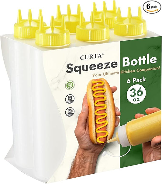 CURTA 6-Pack 36 oz Clear Squeeze Bottle with 3 Open Tips, BPA-Free Easy-to-Squeeze Plastic Condiment Dispenser with oz & ml Markings for Sauce, Oil, Dressing, Dishwasher Safe, Yellow