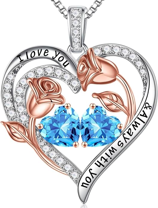 Iefil Christmas Gifts for Women Wife - 925 Sterling Silver Rose Heart Birthstone Necklace Birthday Anniversary Jewelry Gifts for Her Wife Mom Daughter