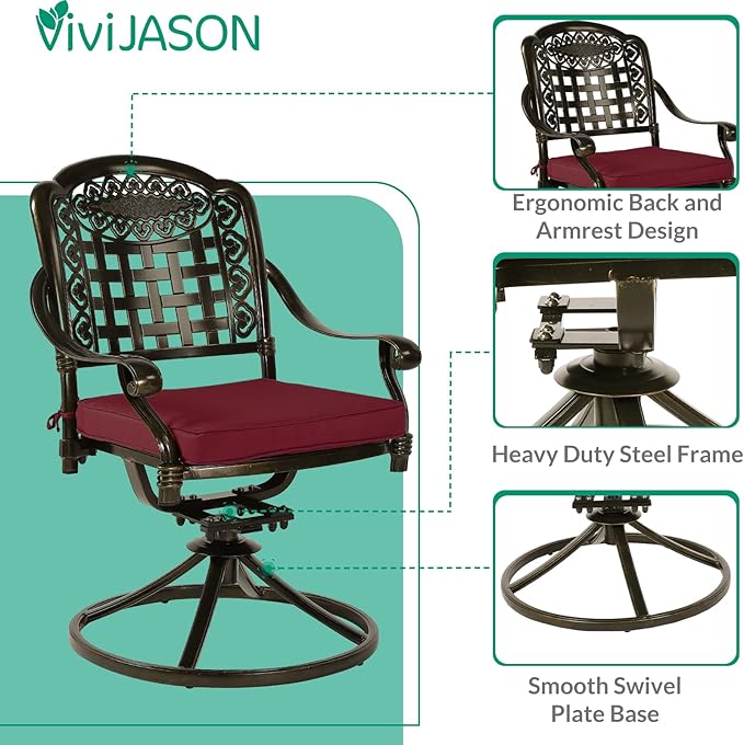 VIVIJASON 3-Piece Patio Bistro Set, Outdoor All-Weather Cast Aluminum Furniture Dining Set, Include 2 Swivel Chairs and 31" Round Table w/Umbrella Hole for Balcony, Lawn, Garden (Red Cushion)