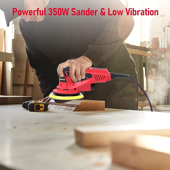 Electric Random Orbital Sander, PioneerWorks Brushless Motor, Powerful 350W & Low Vibration Palm Sander,10000 RPM Variable Speed,6-Inch Pads For Woodworking, Polishing, Sanding, Carpentry