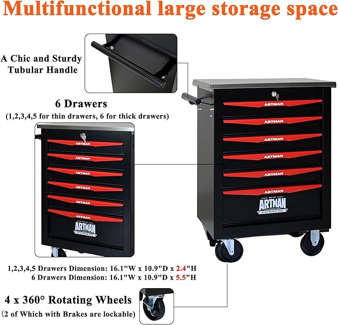 6 Drawers Tool Cart on Wheels,Multifunctional Rolling Tool Storage Chest,Drawer Rolling Trolley Organizer Tool Box for Garage,Workshop,DIY Multiple Interconnectable(6 Drawers-30.5" H)