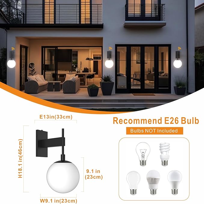 Hyunbae Dusk to Dawn Outdoor Wall Sconces, Modern Exterior Sensor Front Porch Light, 18.9" Globe Large Outdoor Wall Lighting, Waterproof Outside Lights for House, Doorway, Garage, E26, IP65