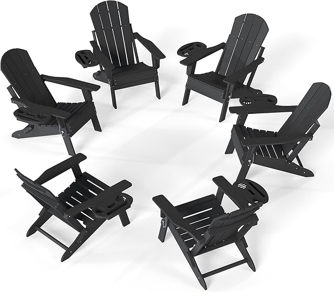 FOOWIN Folding Adjustable Adirondack Chair Set of 6,HDPE Adirondack Chair w/4 in 1 Cup Holder Trays,All-Weather Resistant Fire Pit Chair, Outdoor Chair for Patio Lawn Poolside,400lbs,Black