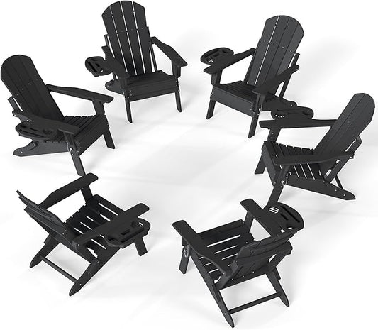 FOOWIN Folding Adjustable Adirondack Chair Set of 6,HDPE Adirondack Chair w/4 in 1 Cup Holder Trays,All-Weather Resistant Fire Pit Chair, Outdoor Chair for Patio Lawn Poolside,400lbs,Black