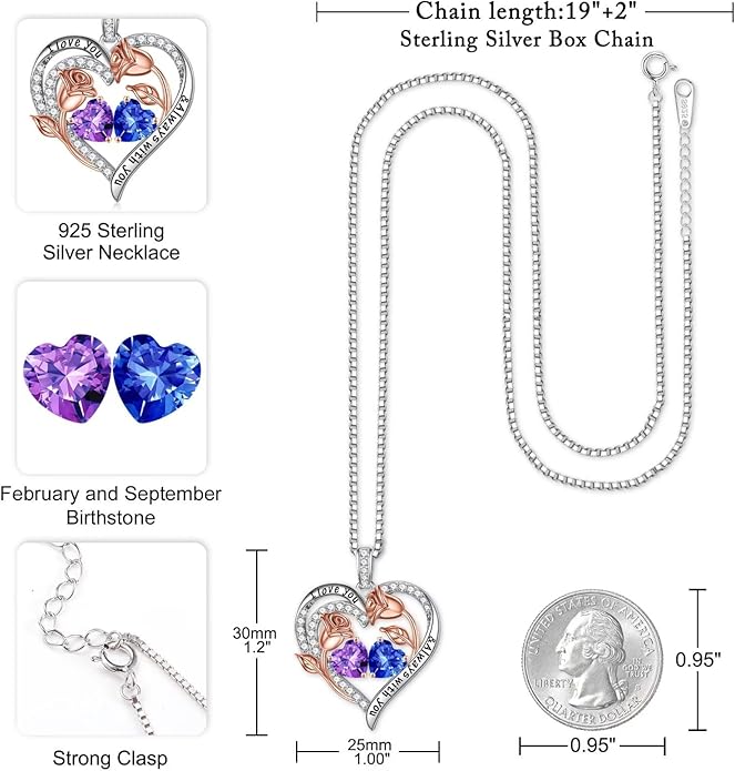 Iefil Christmas Gifts for Women Wife - 925 Sterling Silver Rose Heart Birthstone Necklace Birthday Anniversary Jewelry Gifts for Her Wife Mom Daughter