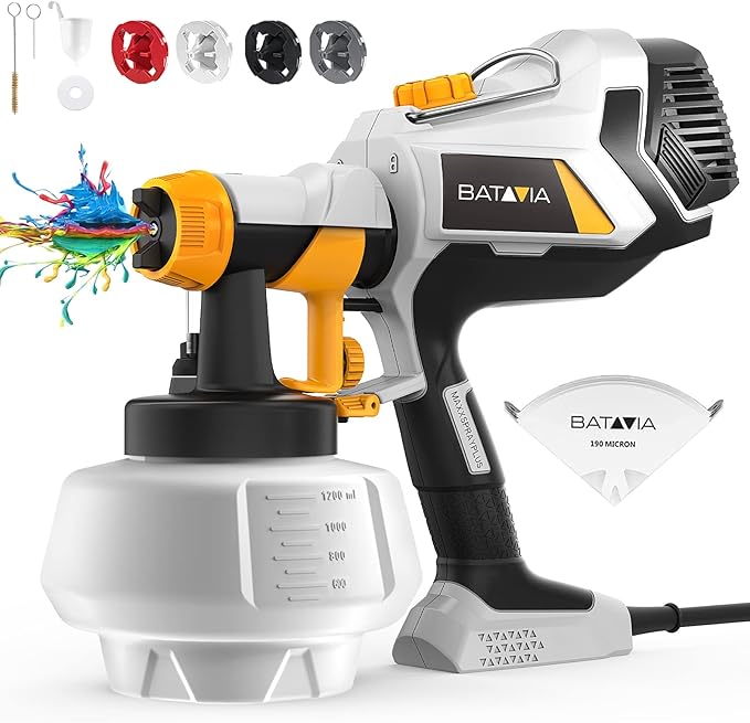 Upgraded Paint Sprayer, BATAVIA 700W Power HVLP Electric Spray Paint Gun, 1200ML, 4 Nozzles, 3 Patterns, Paint Gun for House Painting, Home Interior and Exterior, BSG0082 (High Speed Motor)
