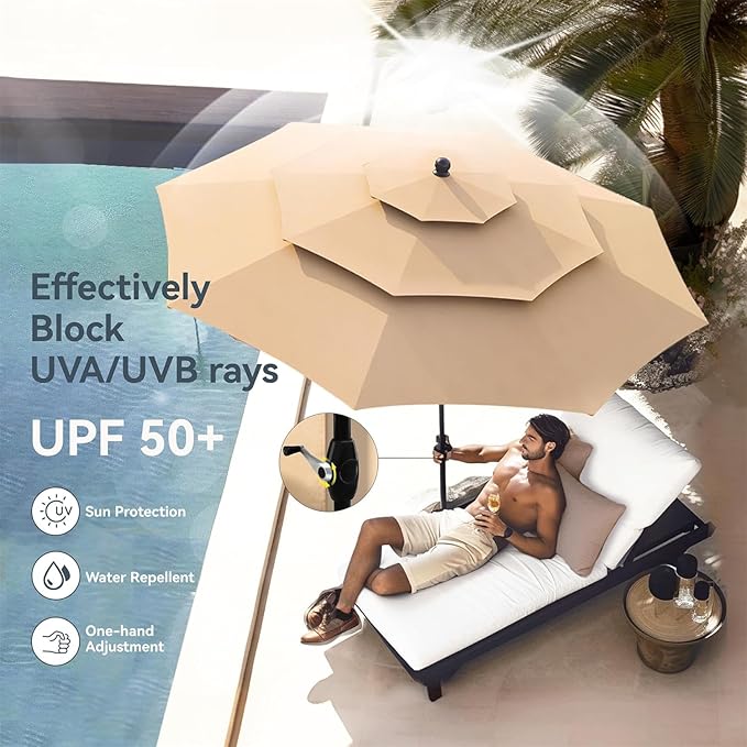 PHI VILLA 5 Piece Outdoor Dining Set with Umbrella for 4, Round Metal Steel Dining Table & Wicker Chairs with Cushions & Beige Umbrella, Modern Furniture for Patio, Deck, Yard, Porch