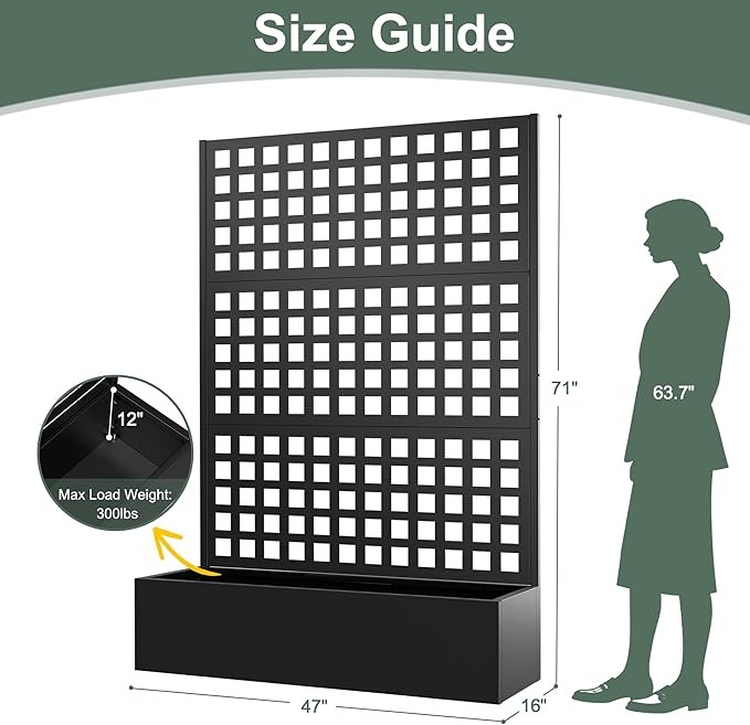 Metal Raised Garden Beds Outdoor with Trellis & Privacy Screen for Outdoor Plants, Planter Box for Climbling Plants, Flowers, Vine, Large Garden Boxes with Drainage Holes (47"L×16"W×71"H, Black)