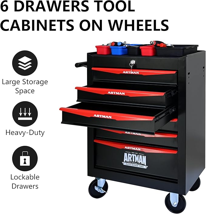 6 Drawers Tool Cart on Wheels, Multifunctional Rolling Tool Storage Chest, Drawers Rolling Trolley Organizer Tool Box for Warehouse, Garage, Workshop, Repair Shop (6 Drawers-30.5" H)
