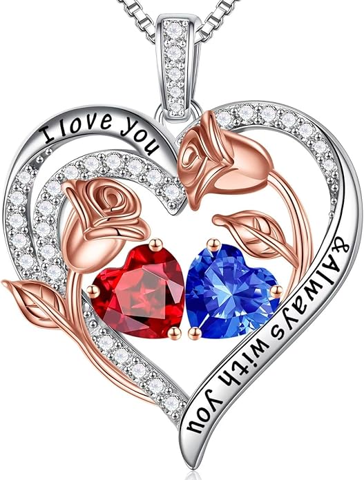 Iefil Christmas Gifts for Women Wife - 925 Sterling Silver Rose Heart Birthstone Necklace Birthday Anniversary Jewelry Gifts for Her Wife Mom Daughter