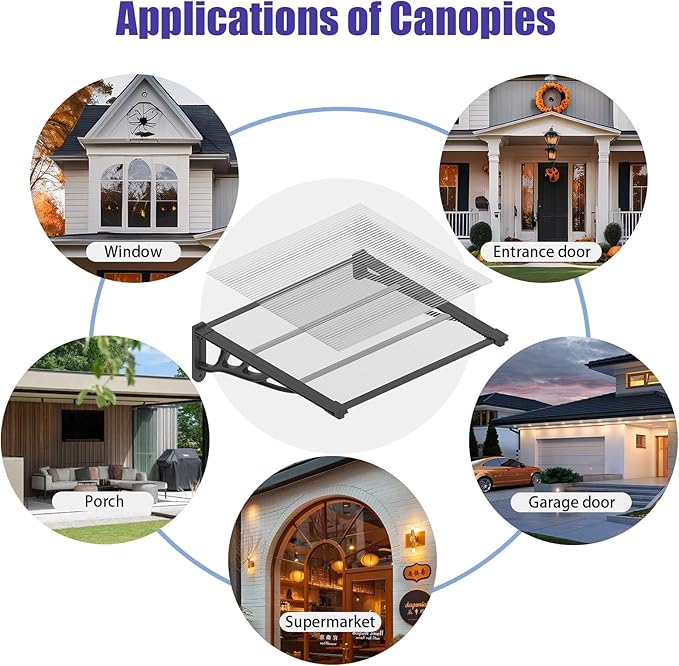 Door Awning Window Canopy, Modular Spliced Awnings for Outside,Porch,Patio,Deck,Polycarbonate Sheet,UV, Rain, and Snow Protection (Black Bracket & Transparent Board, 35 * 48'')
