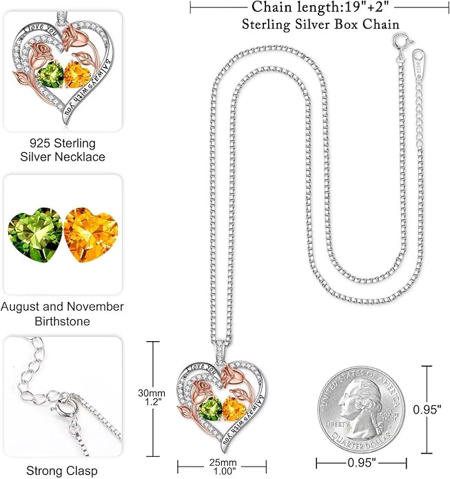 Iefil Christmas Gifts for Women Wife - 925 Sterling Silver Rose Heart Birthstone Necklace Birthday Anniversary Jewelry Gifts for Her Wife Mom Daughter