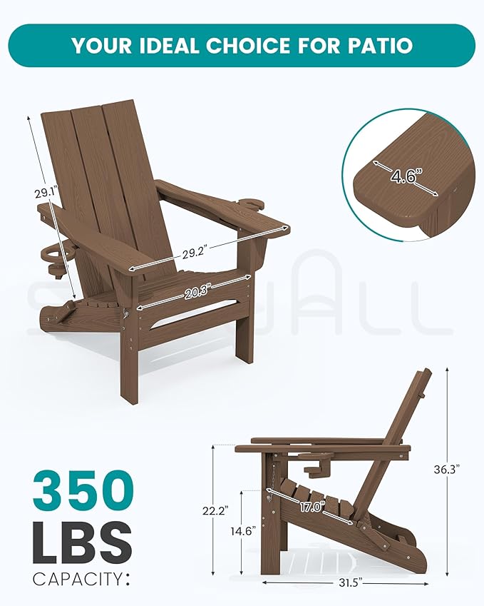 SERWALL Modern Adirondack Chair Set of 8, Folding Adirondack Chair with Cup Holders, Outdoor HDPE Fire Pit Chairs for All Weather Use, Brown