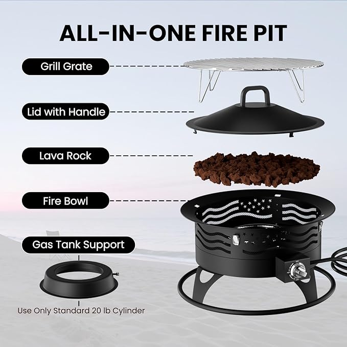 20 Inch Propane Fire Pit, Portable Gas Fire Pit Bowl for Outside, 60,000 BTU Smokeless Outdoor Firepit with Lid & Grill Grate for Patio, Yard, Gardenn, Camping