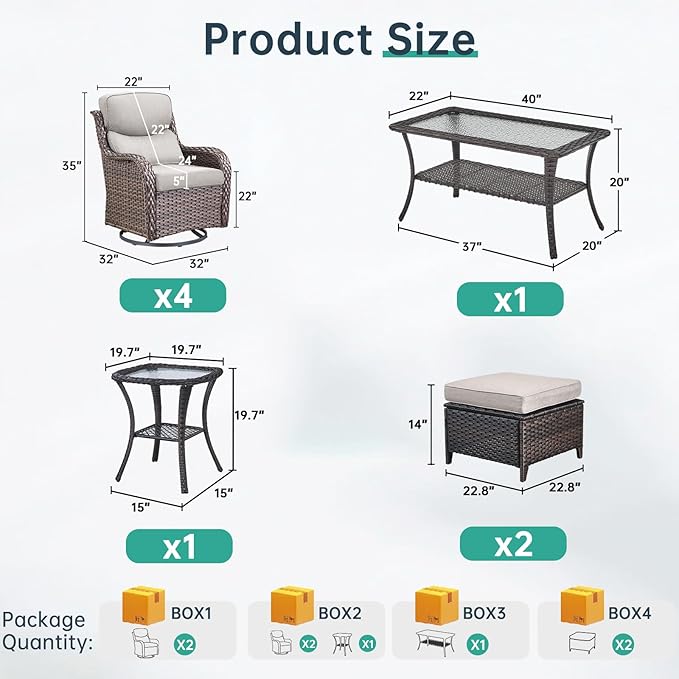 Outdoor Swivel Rocker Patio Chairs Set of 4 with Coffee Table - 5" Thick Cushion 8 Piece Furniture Set All Weather Comfortable Wicker Conversation Set for Porch Deck - Brown/Beige