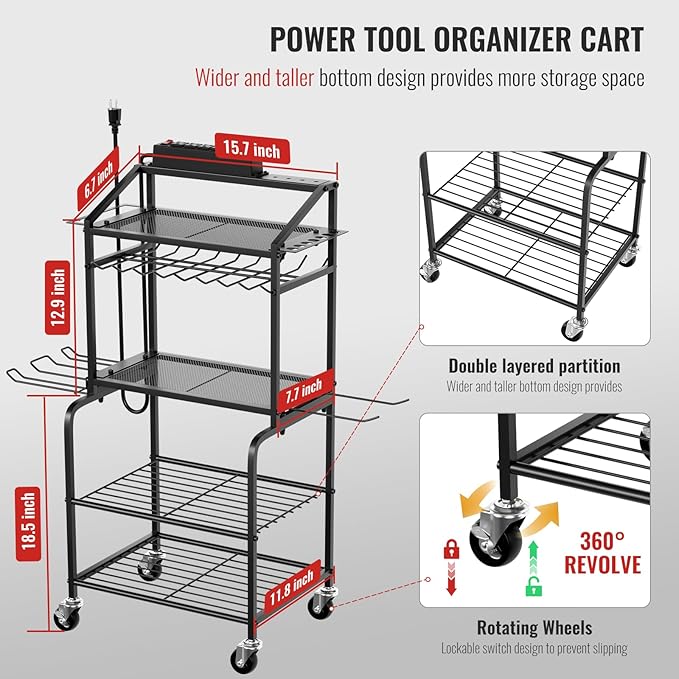 Power Tool Organizer Cart with Charging Station, Garage Floor Standing Rolling Drill and Tools Battery Storage Cart on Wheels, Rolling Tool Cart with 6 Outlet Power Strip