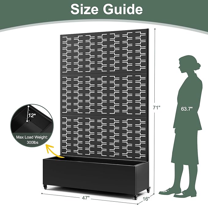 Metal Large Planter Box with Trellis, Raised Garden Beds with Privacy Screen & Wheels for Outdoor Plants, Planter Boxes with Drainage Holes (47" L×16" W×71" H, Black Rectangle)