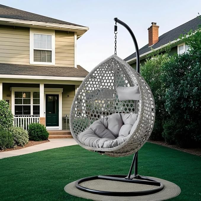 Egg Swing Chair Outdoor with Stand, Hanging Egg Rattan Basket Chair with Cushion and Pillow, Lounge Chairs, Foldable Basket and Metal Stand for Porch, Patio, Bedroom, Balcony,Yard (Grey)