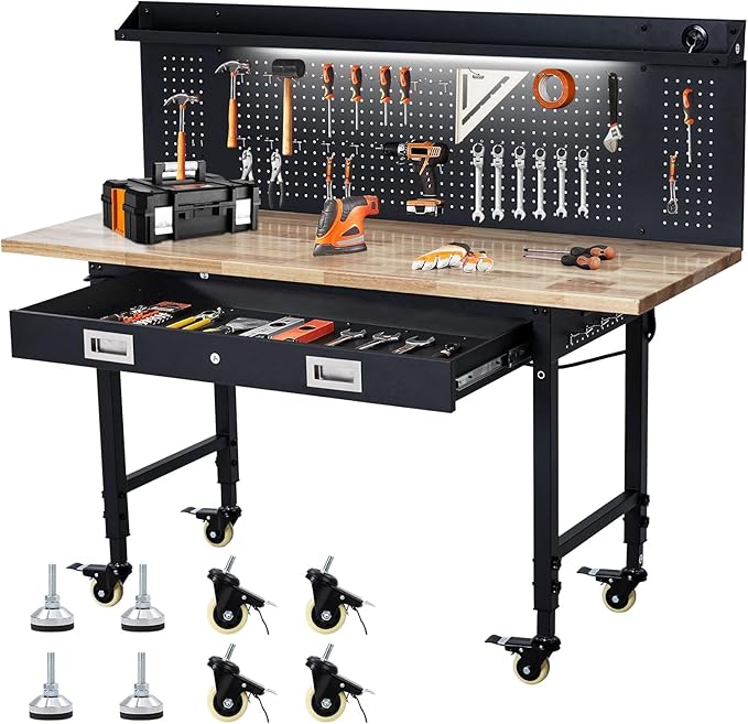 60x22 Inch with Drawer&Backplate，Work Table with 2000LBS Capacity, Mobile Workbench with Adjustable Height Rubber Wood Top, 27.8''-39.5''Height, Locking Wheels & Power Outlets for Workshop Warehouse