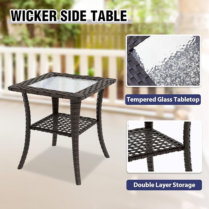 COOS BAY Stone Harbor Patio Bistro Set, 3 Piece Rattan Patio Table and Chairs Set, Wicker Rocking Chairs with Side Table, Small Balcony Furniture Set, Brown/Beige