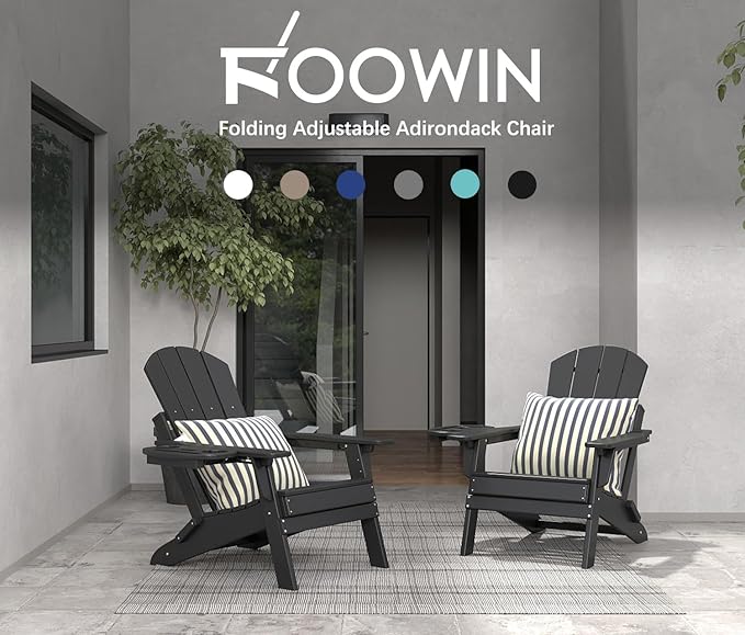 FOOWIN Folding Adjustable Adirondack Chair Set of 4,HDPE Adirondack Chair w/4 in 1 Cup Holder Trays,All-Weather Resistant Fire Pit Chair, Outdoor Chair for Patio Lawn Poolside,400lbs,Black