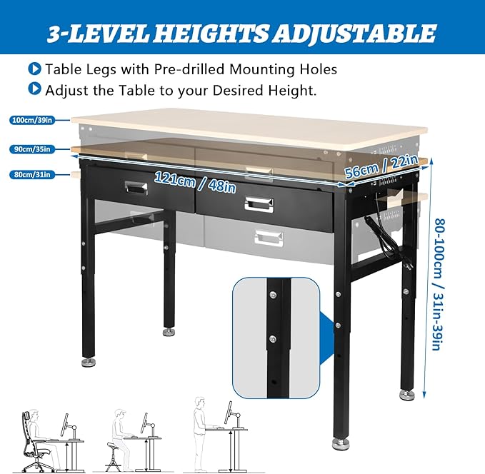 Workbenche with Drawers,48'' Workbench with Power Outlet for Garage,2000 Lbs Capacity Adjustable Workbench,Heavy Duty Table for Workshop Office Home Commercial