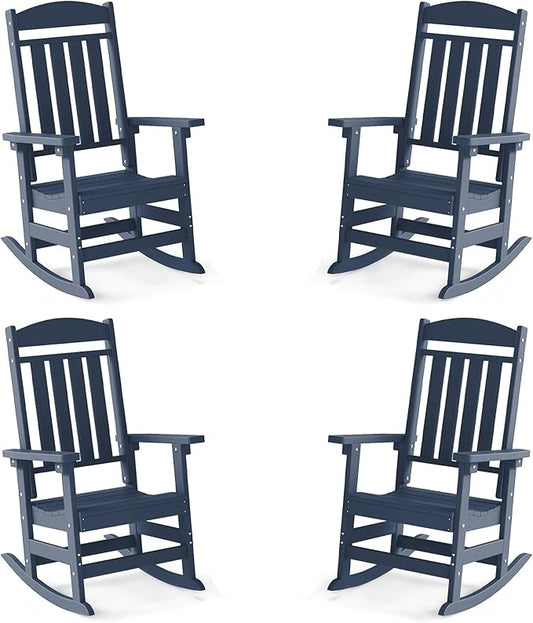 FOOWIN Outdoor Rocking Chair Set of 4, High Back Patio Rocking Chair, HDPE All Weather Resistant Porch Rocker for Adult, Oversized Rocking Chairs for Garden, Lawn, Indoor & Outdoor Use, Navy Blue