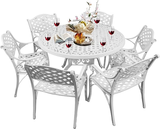 7 Pieces Cast Aluminum Outdoor Dining Set, Round 48" Dining Table with 2.36" Umbrella Hole and 6 Armchairs,All-Weather Patio Bistro Dining Set Outdoor Furniture Set for Patio, Balcony,White