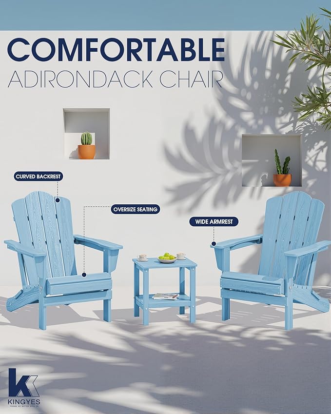 KINGYES Folding Adirondack Chair Set of 2, HDPE All-Weather Folding Adirondack Chair, Light Blue