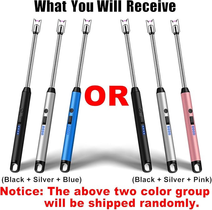 LcFun 3 Pack Electric Candle Lighter Windproof USB Rechargeable Plasma Lighter with LED Battery Display, Flameless Long Arc Lighters for Grill BBQ Camping Fireplace Stove(Black,Blue,Silver)