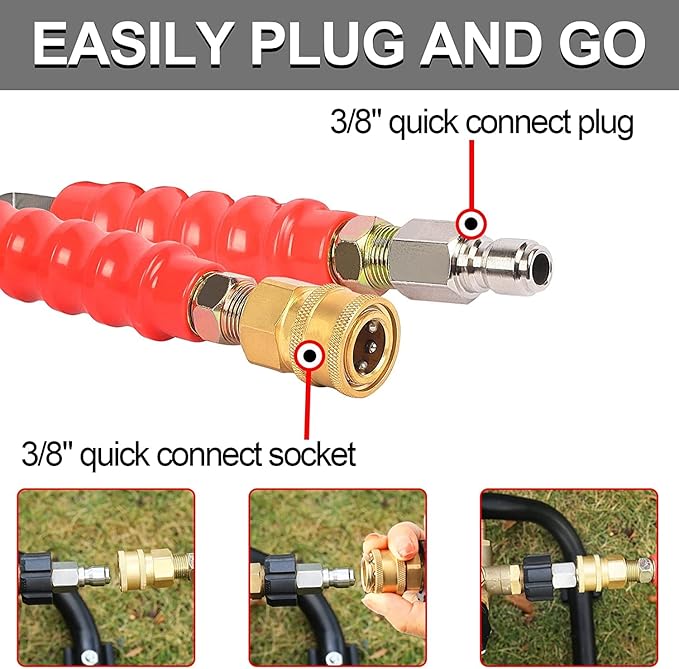 3/8'' Pressure Washer Hose 50 FT, Hot and Cold Water Power Washer Hose Max 248°F, Commercial Industrial Grade Steel Wire Braided Kink Proof Extension Hose with 3/8 Quick Connect 4800 PSI