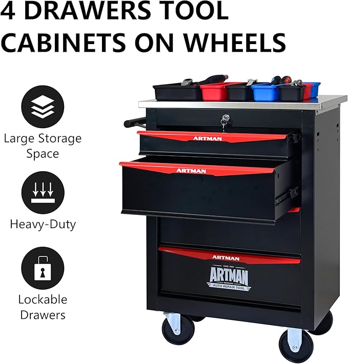 4 Drawers Tool Cart on Wheels,Multifunctional Rolling Tool Storage Chest,Drawer Rolling Trolley Organizer Tool Box for Garage,Workshop,DIY Multiple Interconnectable(4 Drawers-30.5" H)