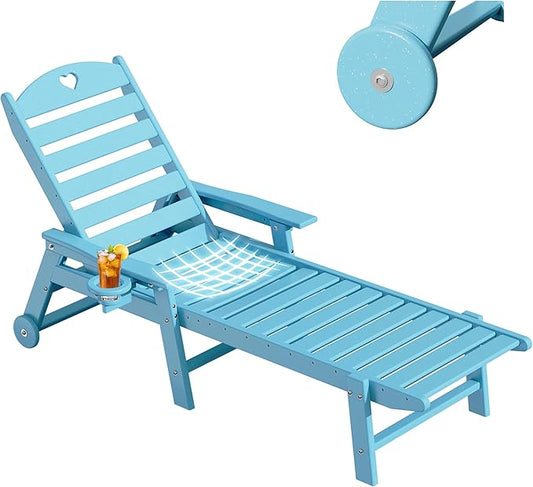 Aokia Pool Lounge Chairs,Chaise Lounge Chair Outdoor with Wheels & Cupholder Oversize HDPE 6-Position Outdoor Chairs for Patio, Lawn, Garden, Poolside (Light Blue)