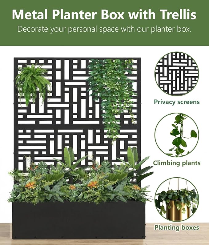 2PCS Metal Planter Box with Trellis,70.9"x47.2"x15.7" Raised Garden Bed with Drainage Holes, Privacy Planters for Outdoor, Garden Bed for Climbing Plants,Vegetables,and Vines, Black-Modular