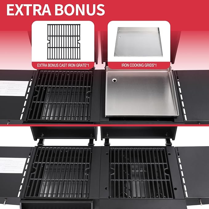 Charcoal and 2-Burner Propane Gas Combo Grill with Stainless Steel Griddle & Porcelain-enameled Cast Iron Grates, Dual Fuel BBQ Combo Grill for Outdoor Cooking