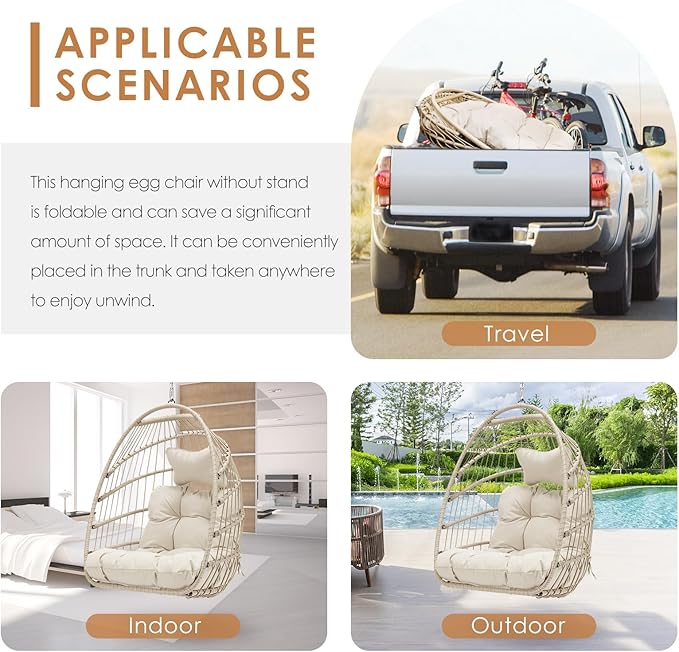 Nicesoul Outdoor Hanging Egg Chair Without Stand, Patio Wicker Swing Egg Basket Chairs with Padded Cushion, 350 Lbs Comfy Cozy Ceiling Tree Swinging Egg-Shaped Chair No Stand for Indoor Balcony, Beige