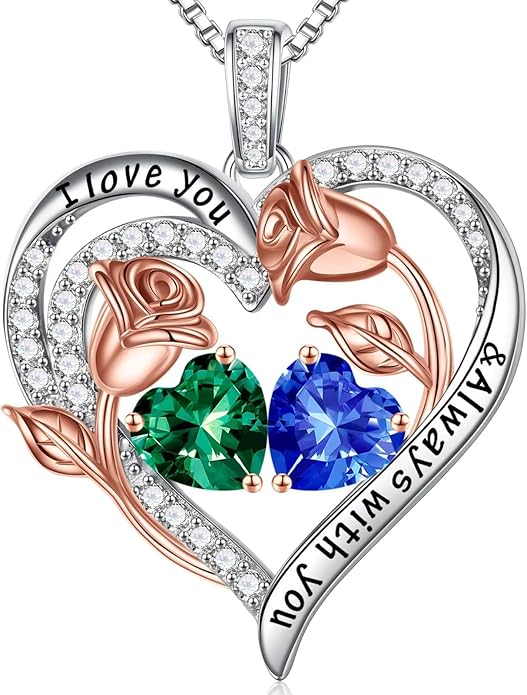 Iefil Christmas Gifts for Women Wife - 925 Sterling Silver Rose Heart Birthstone Necklace Birthday Anniversary Jewelry Gifts for Her Wife Mom Daughter