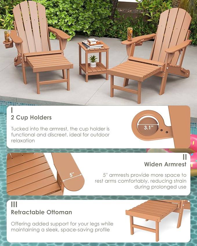 GREENVINES Adjustable Adirondack Chair with Retractable Ottoman | Folding | HDPE Plastic | Fire Pit Chairs w/Foot Rest | 2 Cup Holders | Teak | for Outdoor Patio Poolside Deck