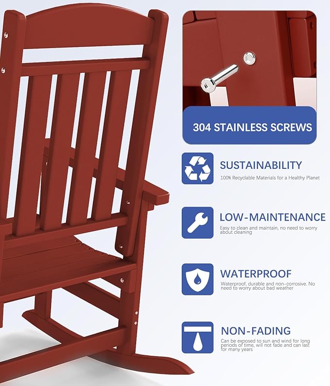 FOOWIN Outdoor Rocking Chair Set of 4, High Back Patio Rocking Chair, HDPE All Weather Resistant Porch Rocker for Adult, Oversized Rocking Chairs for Garden, Lawn, Indoor & Outdoor Use, Dark Red