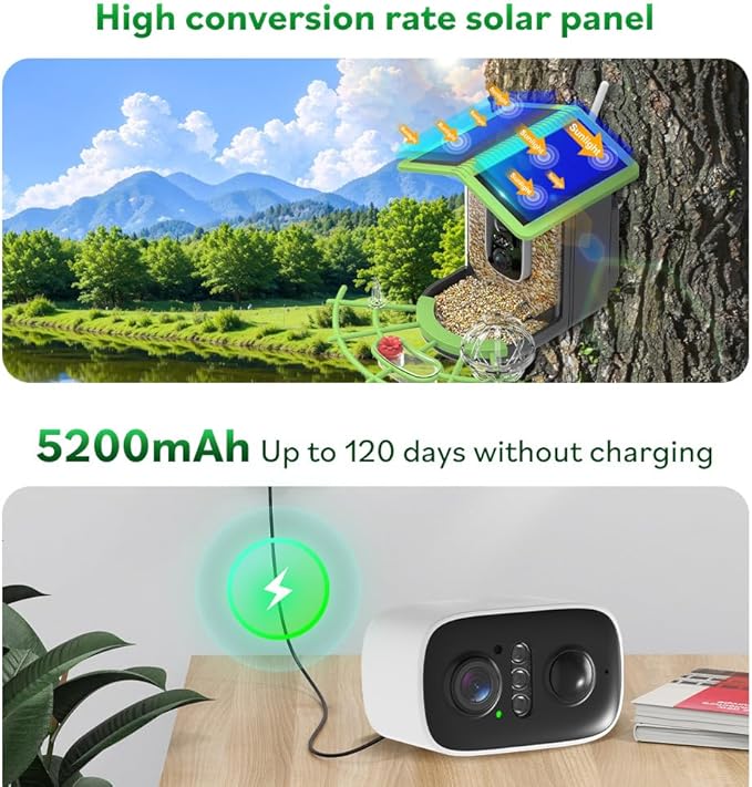 Smart Bird Feeder with Camera, Solar Powered, 2K HD & AI Identification, Color Night Vision, Weatherproof, Live View & Instant Alerts | Ideal Gift for Bird Lovers