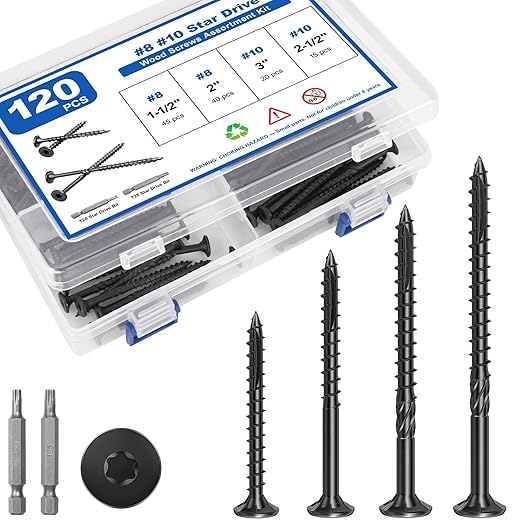 120Pcs Deck Screws, #8#10 Wood Screws Assortment Kit, 4Sizes Screws Set 1-1/2", 2", 2-1/2", 3", Rust Resistant Torx Screws with Flat Head, Black Screw Kit for Woodworking Projects, Star Bit Included